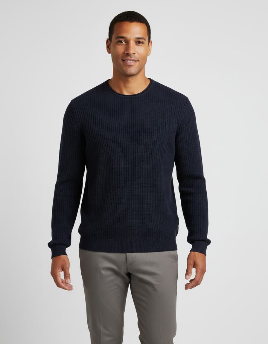 Trui ronde hals roundneck structuur blauw — op model