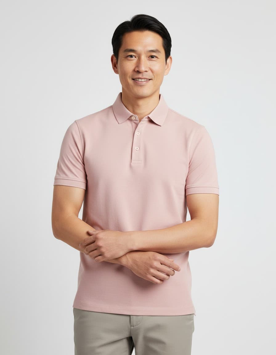 Shirt-polo 2-tone zalmroze — op model