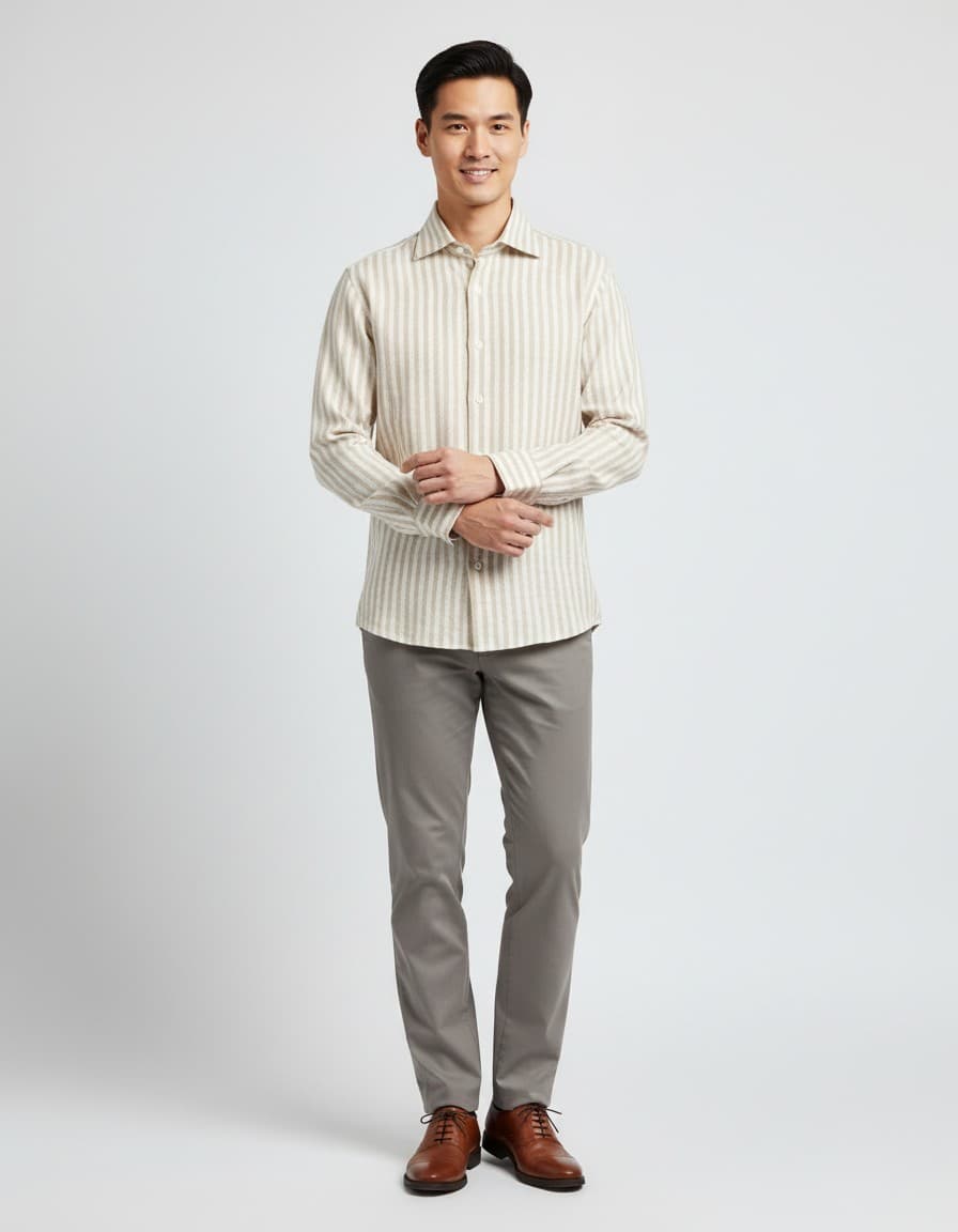 Striped Linen-Cotton Shirt Beige — on model