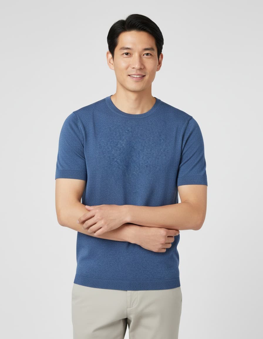 T-shirt gebreid denimblauw — op model