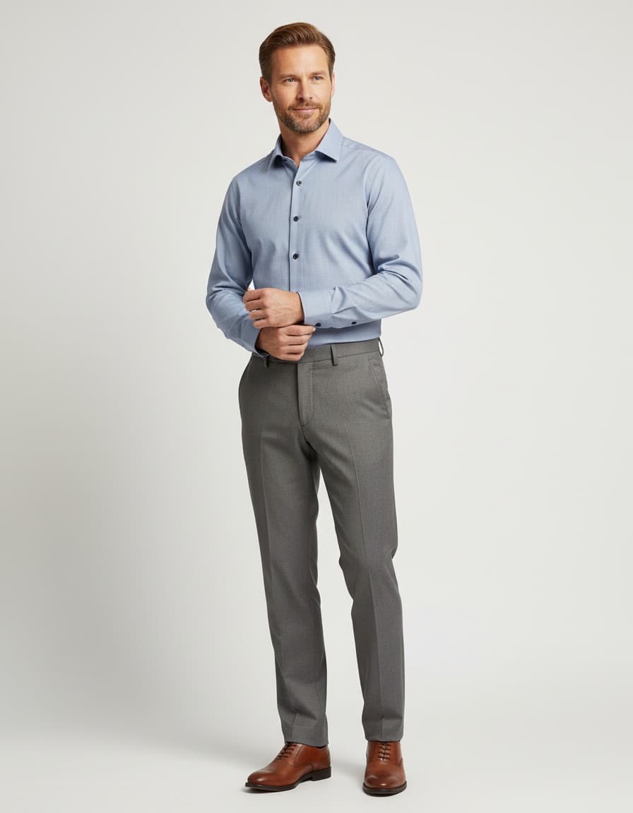Hemd twill grijsblauw 4-way stretch — op model