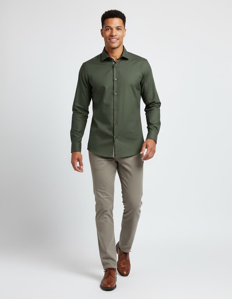 Hemd uni bosgroen extra lange mouw — op model