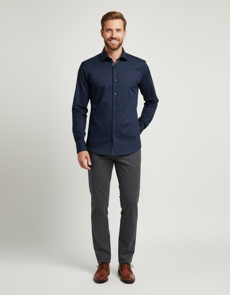 Overhemd uni denimblauw extra lange mouw — op model