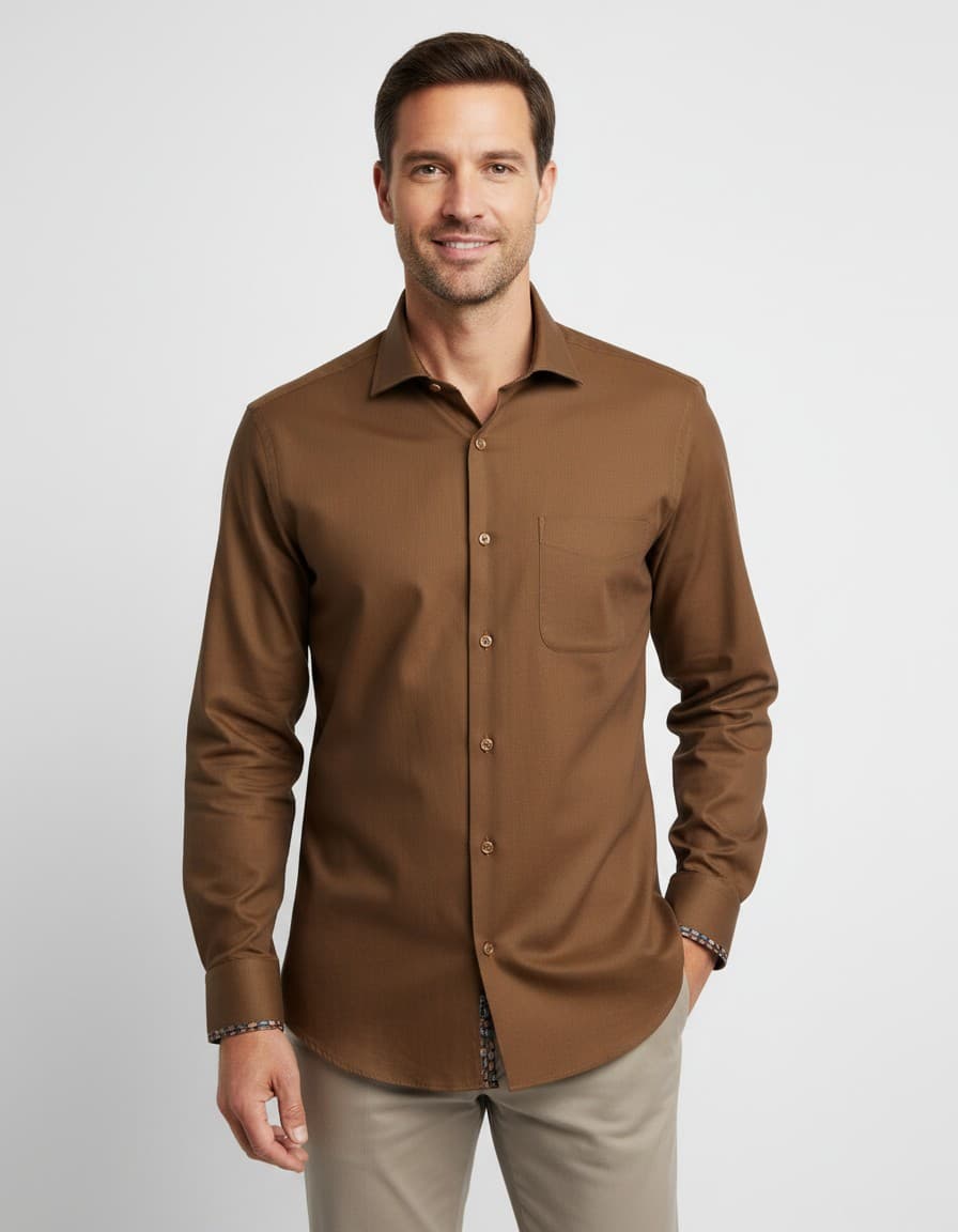 Hemd uni mosterd bruin extra lange mouw — op model