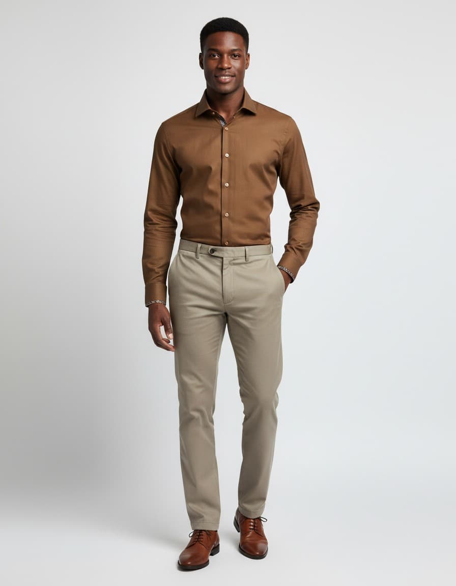 Overhemd uni mosterd bruin extra lange mouw — op model