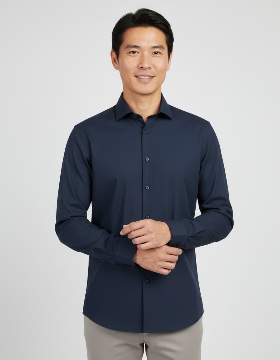 Hemd uni navy extra lange mouw — op model