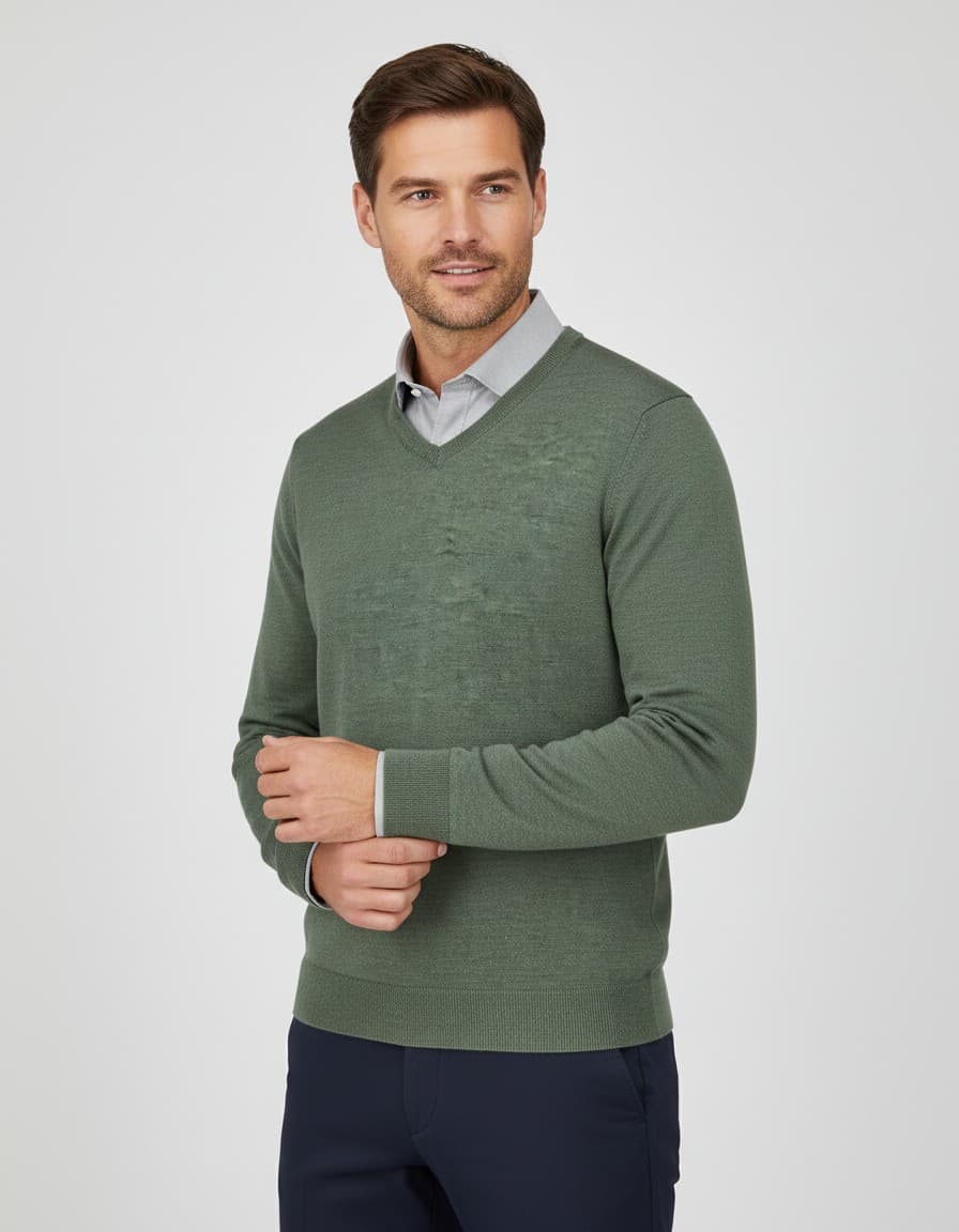 V-neck merinoblend groen — op model