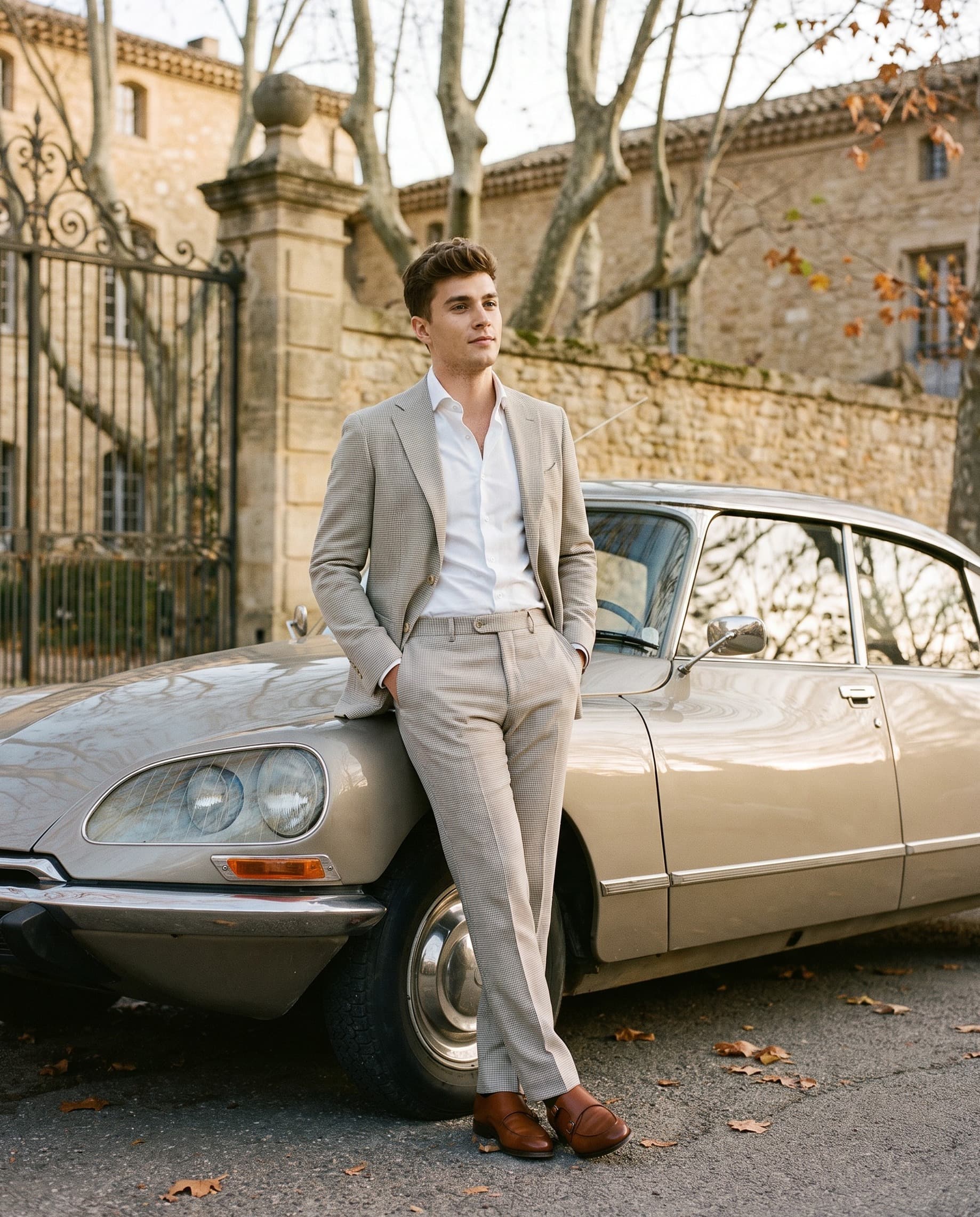 Pantalon pied-de-poule beige — als compleet pak