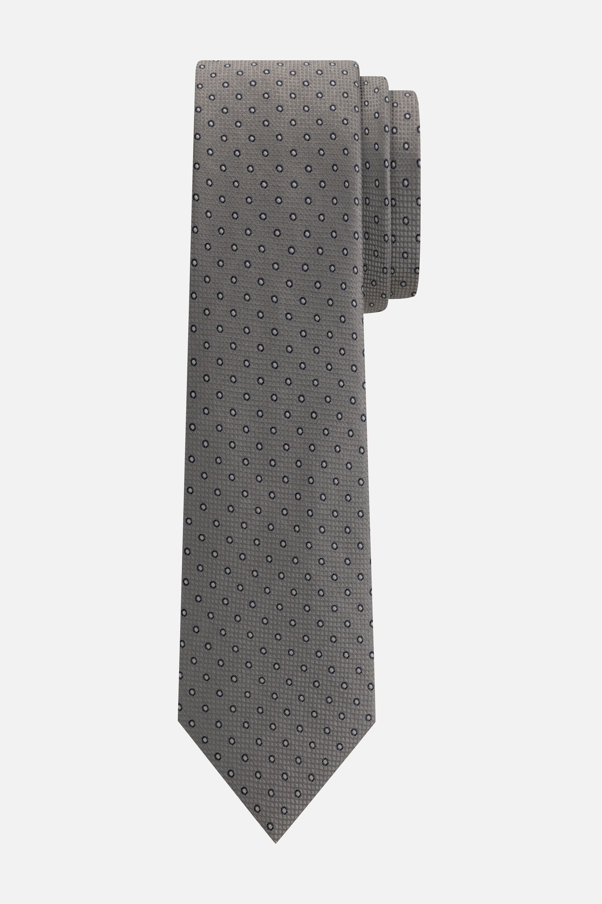 Stropdas zijde cirkel grijs met een patroon van cirkels in grijs en blauw, elegant en stijlvol accessoire.