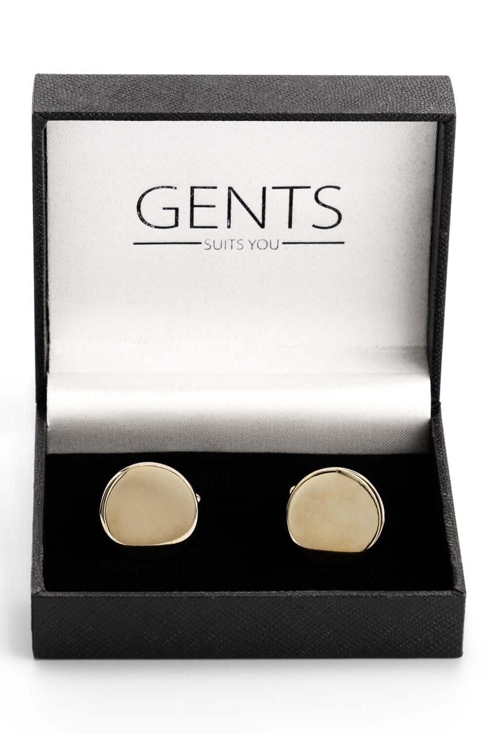 Manchetknopen rond - goud in elegante verpakking van GENTS, goudkleurige roestvrijstalen manchetknopen met subtiele glans.