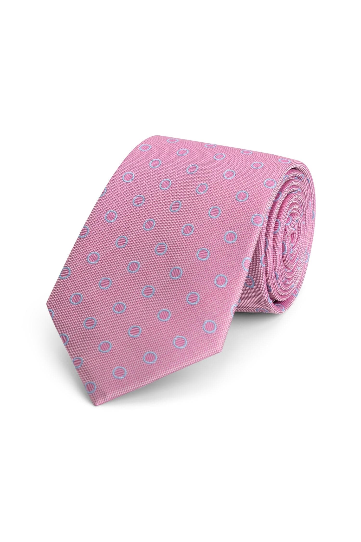 Stropdas zijde print cirkels roze-blauw: roze zijde stropdas met blauwe cirkels, perfect voor elke gelegenheid.