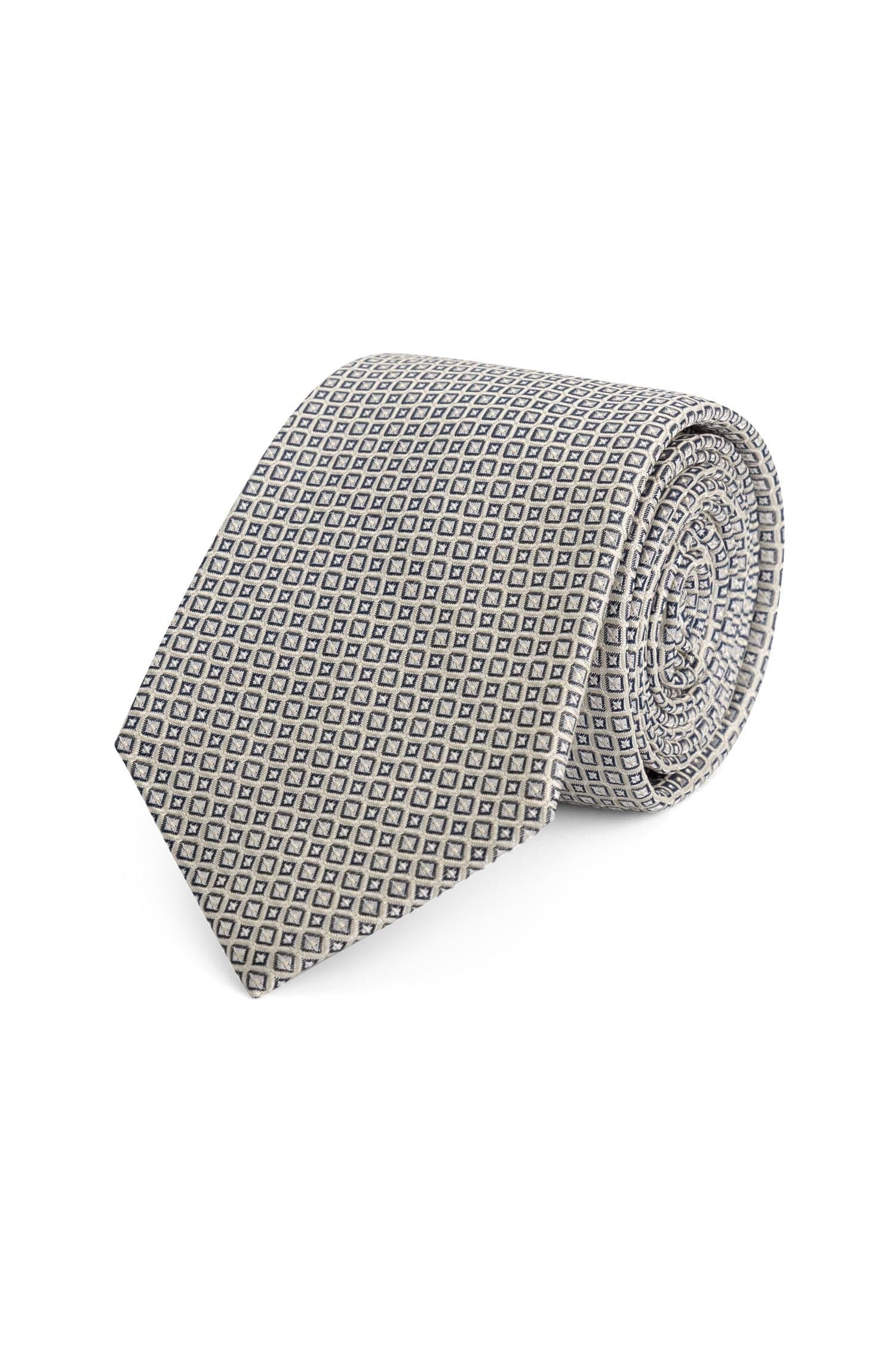 Stropdas zijde print ruit zilver-blauw, stijlvolle zijde stropdas met modern ruitpatroon.