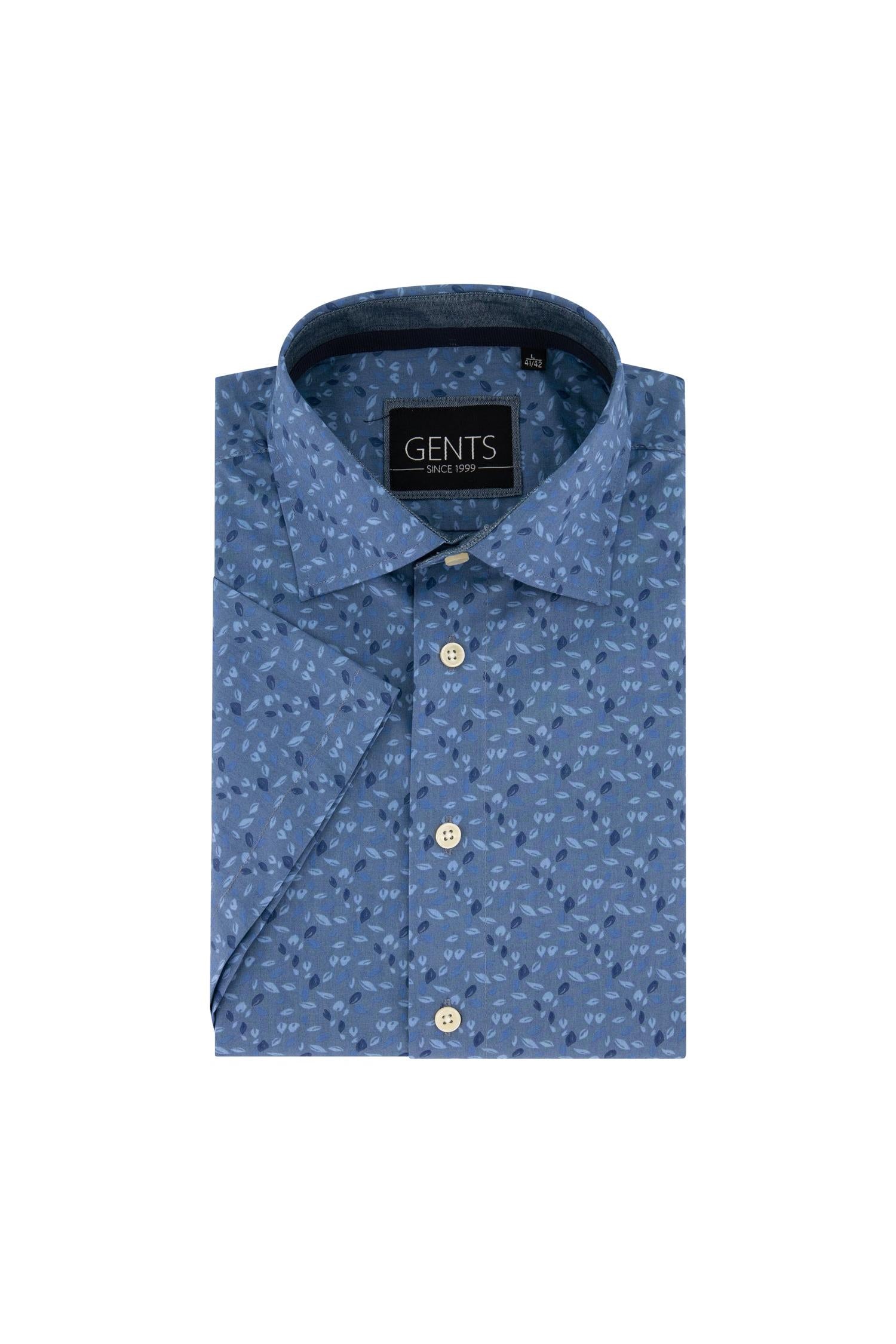 Gents korte mouw bladprint blauw, katoenen T-shirt met ademende bladprint in blauw.