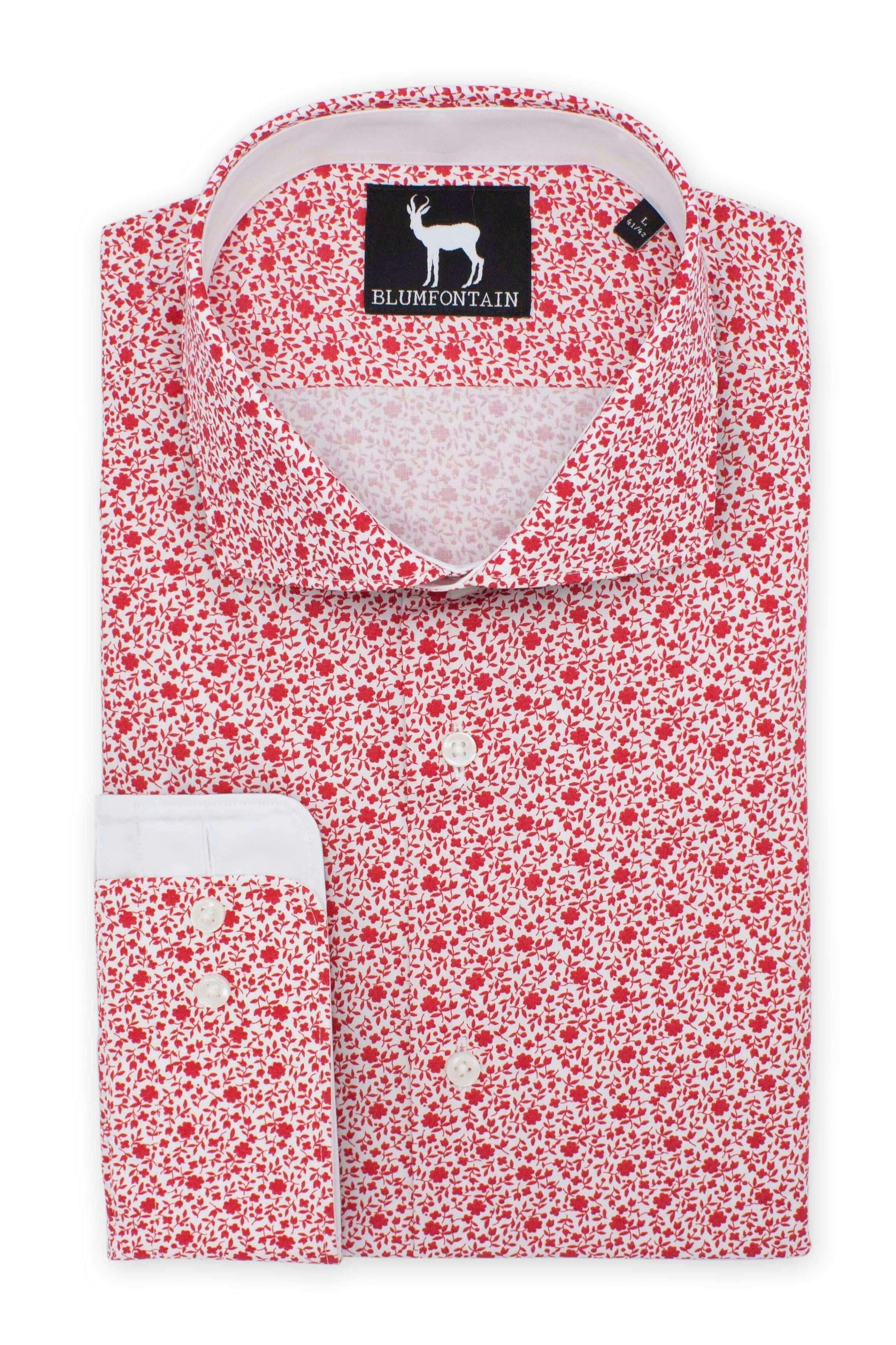 Blumfontain print bloem wit-rood herenbloes in wit-rood met bloemenpatroon, stijlvolle kledingkeuze.