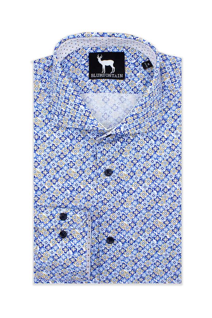 Blumfontain bloemprint beige katoenen overhemd met moderne bloemenprint in blauw en geel.
