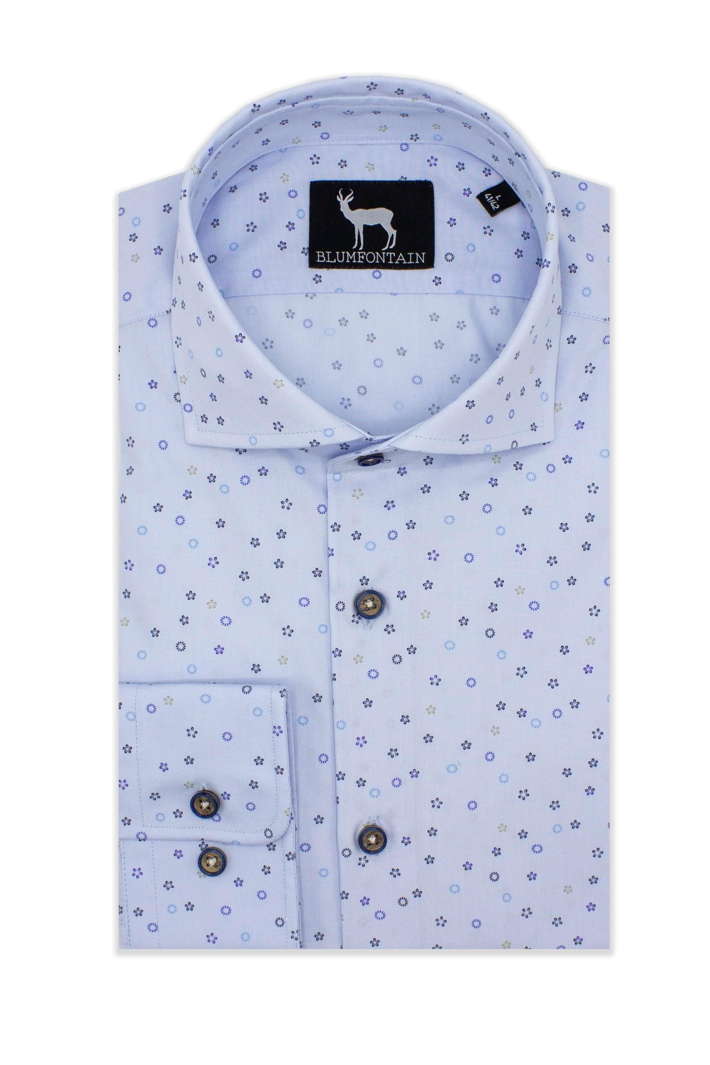 Blumfontain print lichtblauw katoenen overhemd met speelse print en ademend materiaal.