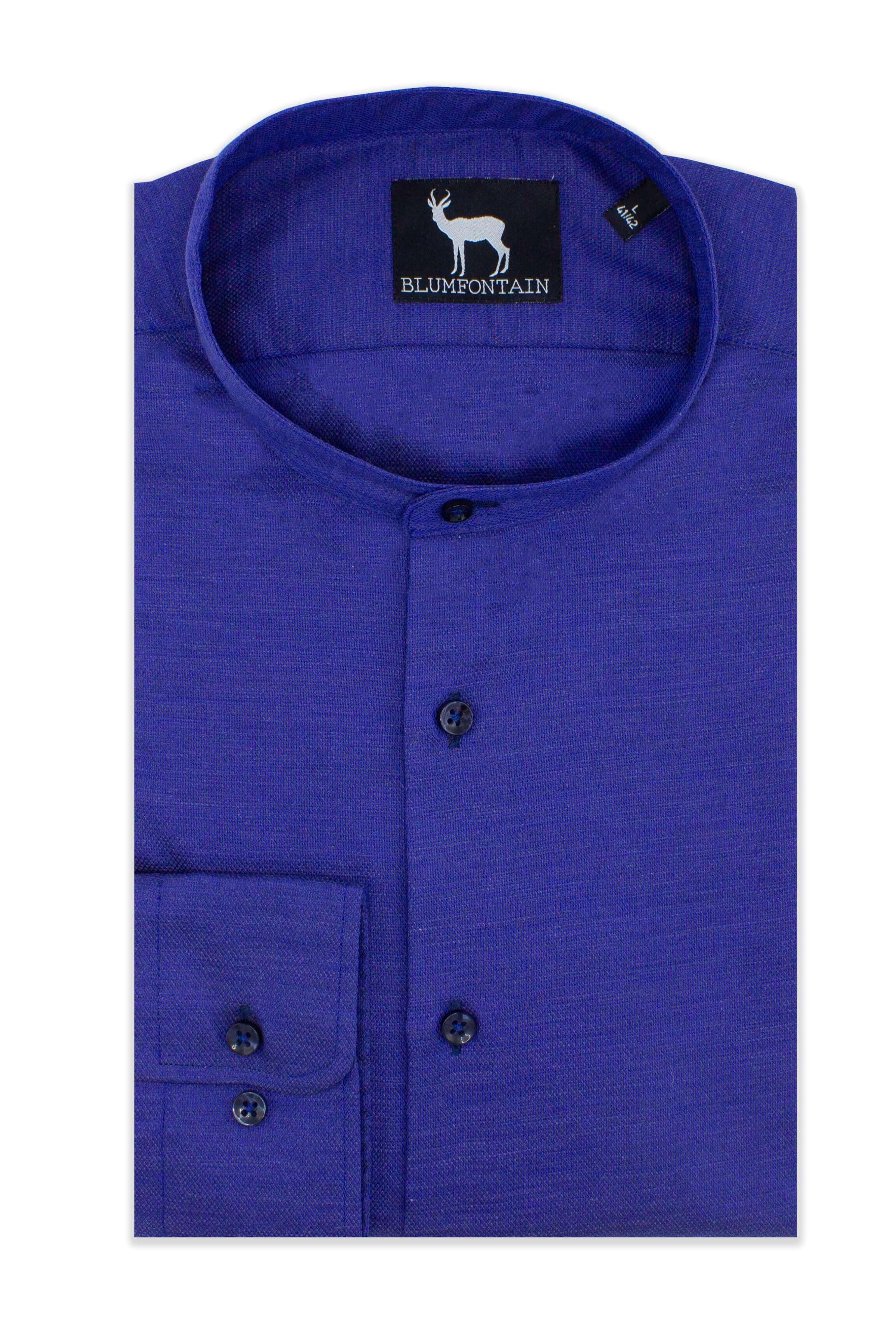 Blumfontain mao kraag navy, diep navy katoen met Mao-kraag, stijlvolle blouse met knopen voor heren.