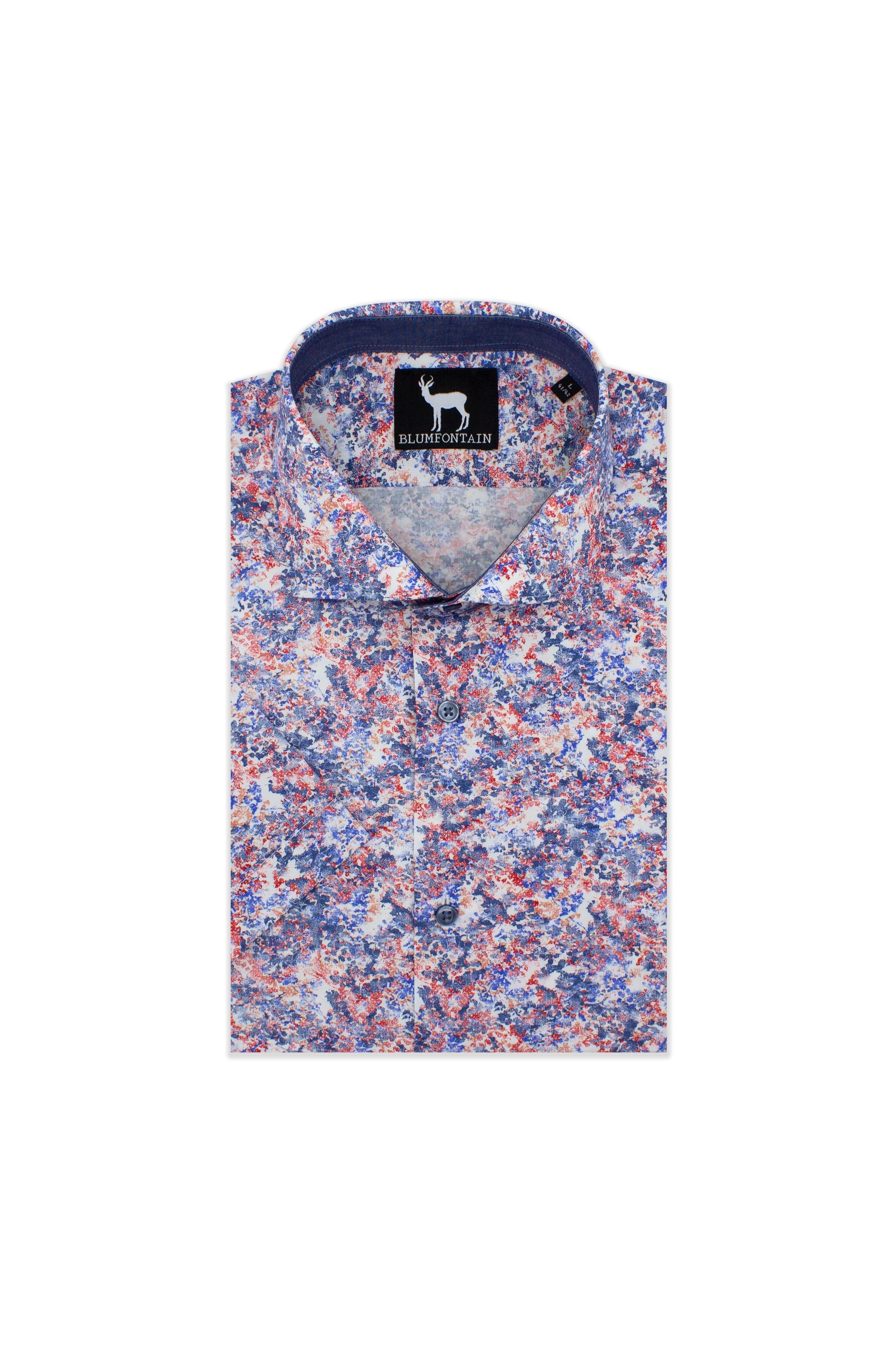 Blumfontain korte mouw blauw katoenen overhemd met moderne pasvorm en korte mouwen in blauw-rode tinten.