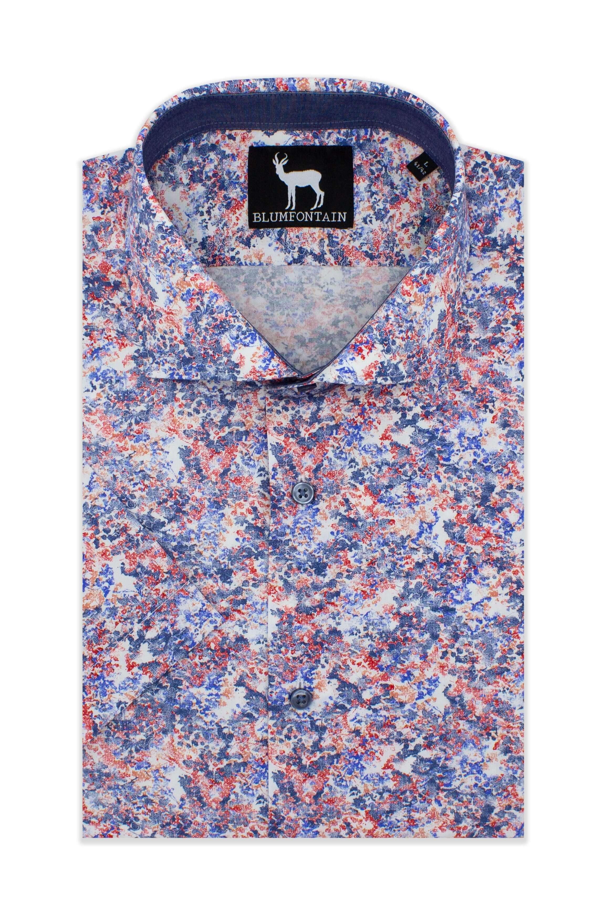 Blumfontain korte mouw blauw katoenen overhemd met moderne pasvorm en korte mouwen in blauwe en rode tinten.