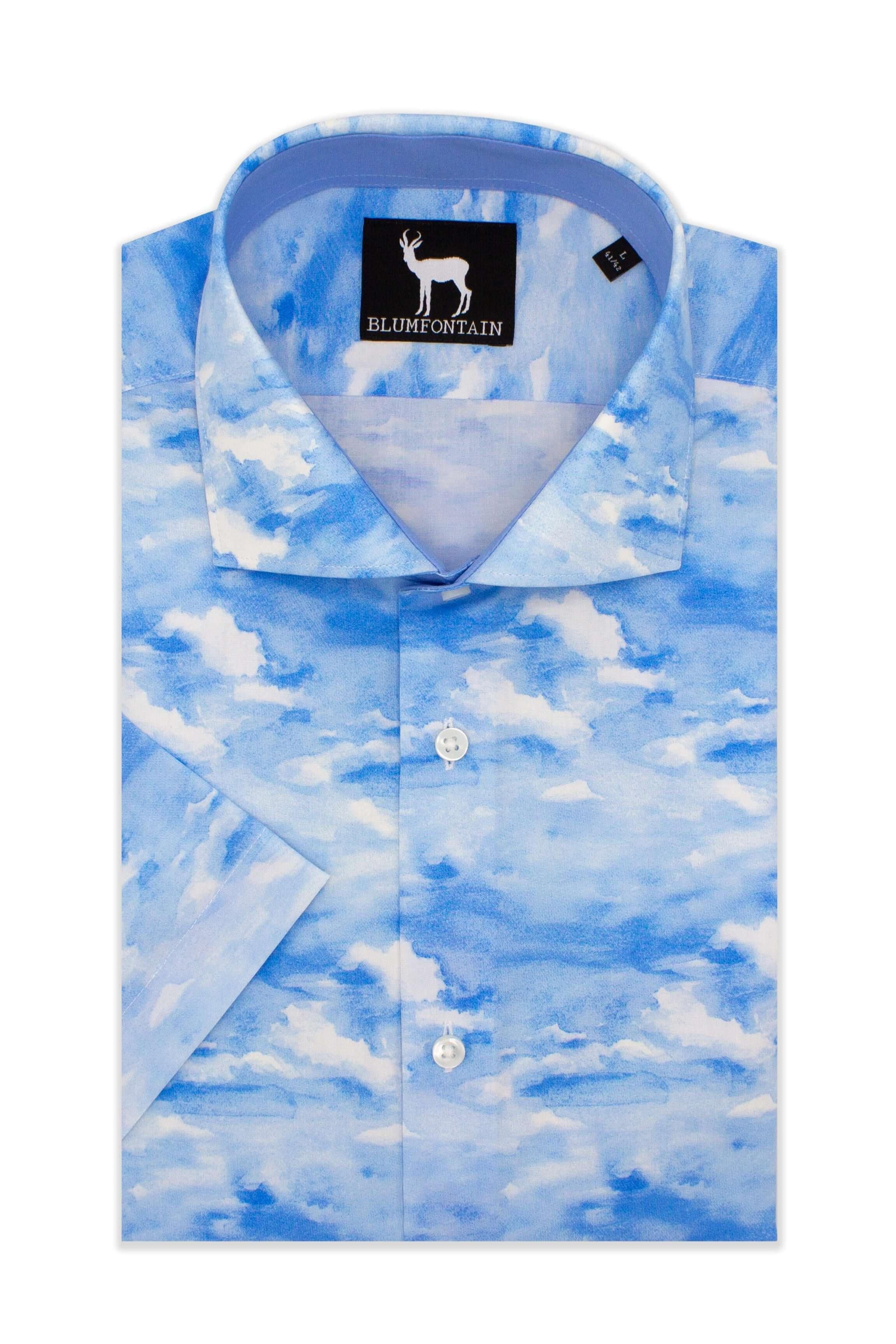 Blumfontain korte mouw blauw kobaltkleurig katoenen overhemd met korte mouwen, luchtig en stijlvol.
