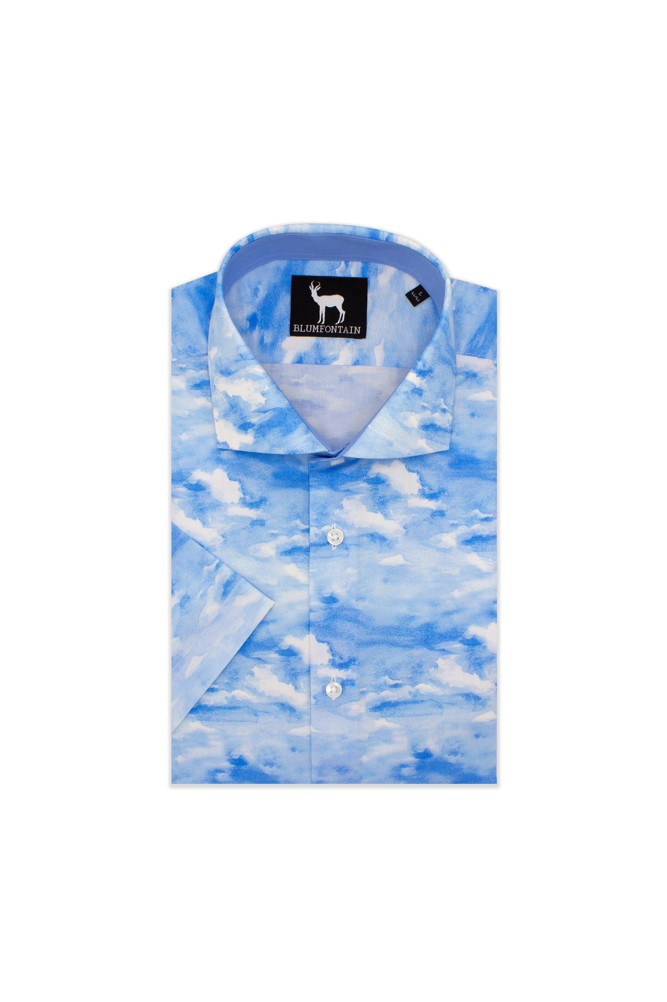 Blumfontain korte mouw blauw, kobaltkleurig katoenen overhemd met korte mouwen.