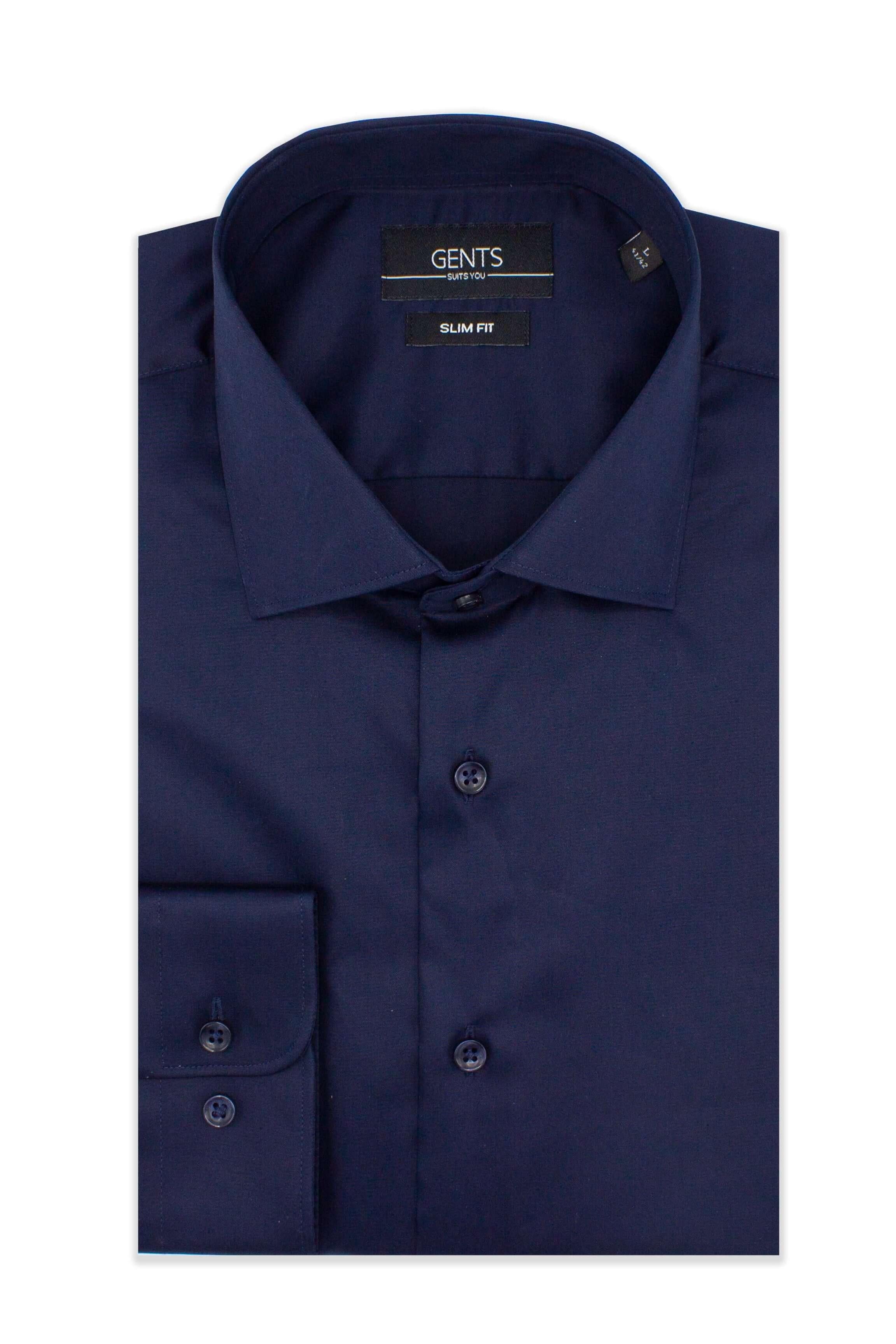 GENTS slimfit satijn navy overhemd met satijnachtige glans in marineblauw, elegante kleding voor heren.