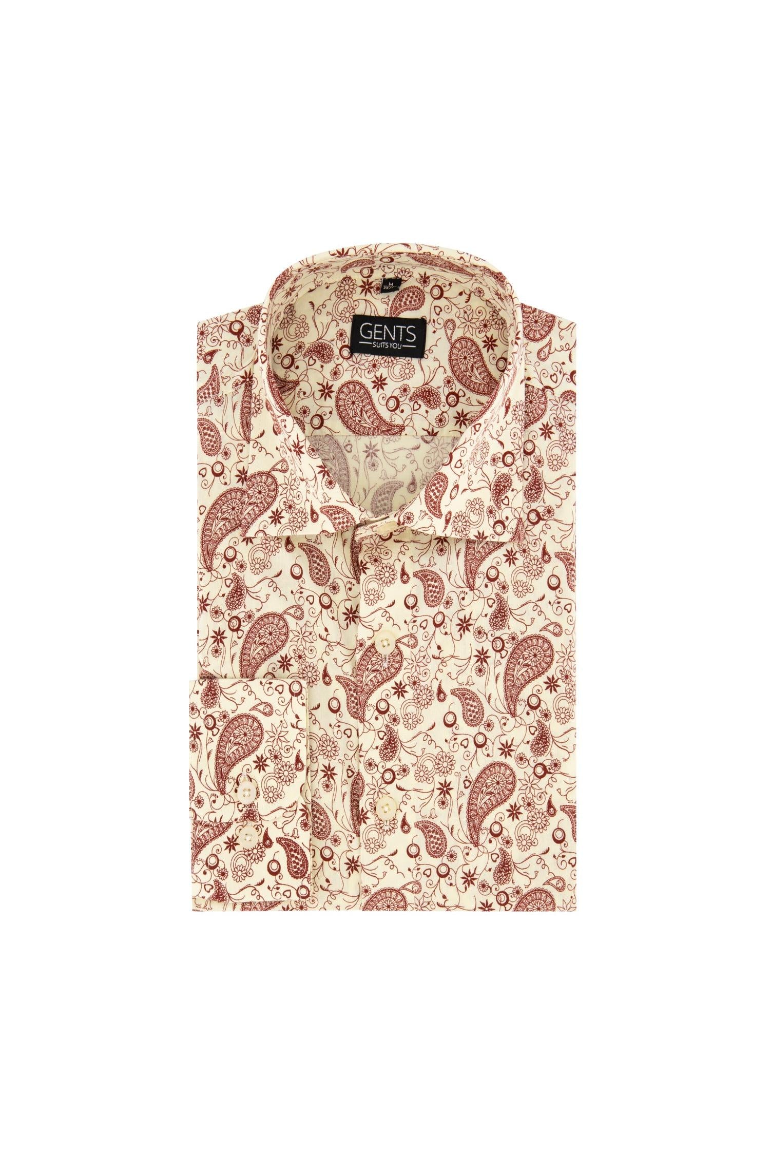 Overhemd print paisley wit-rood, katoenen shirt met paisleyprint in wit en rood, stijlvolle casual look.