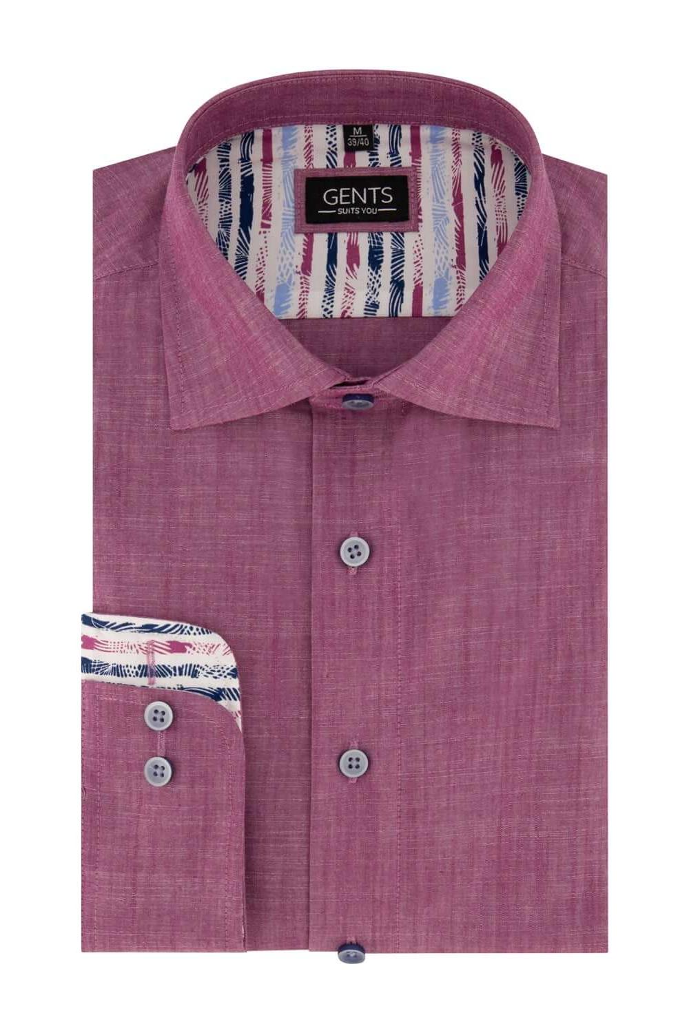 Overhemd linnenlook cerise in rood katoen met linnenlook en semi-spread kraag, stijlvol en trendy.