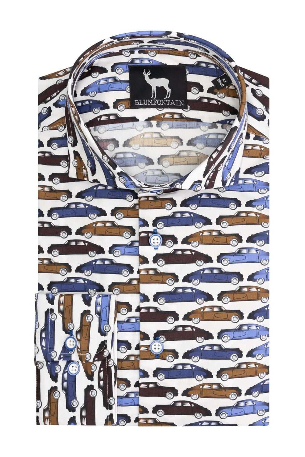 Blumfontain print oldtimer katoenen overhemd met kleurrijke oldtimerprint en ademend comfort strijkvrij