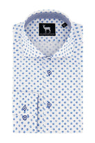 Blumfontain print madelief shirt with blue polka dots on a white background.