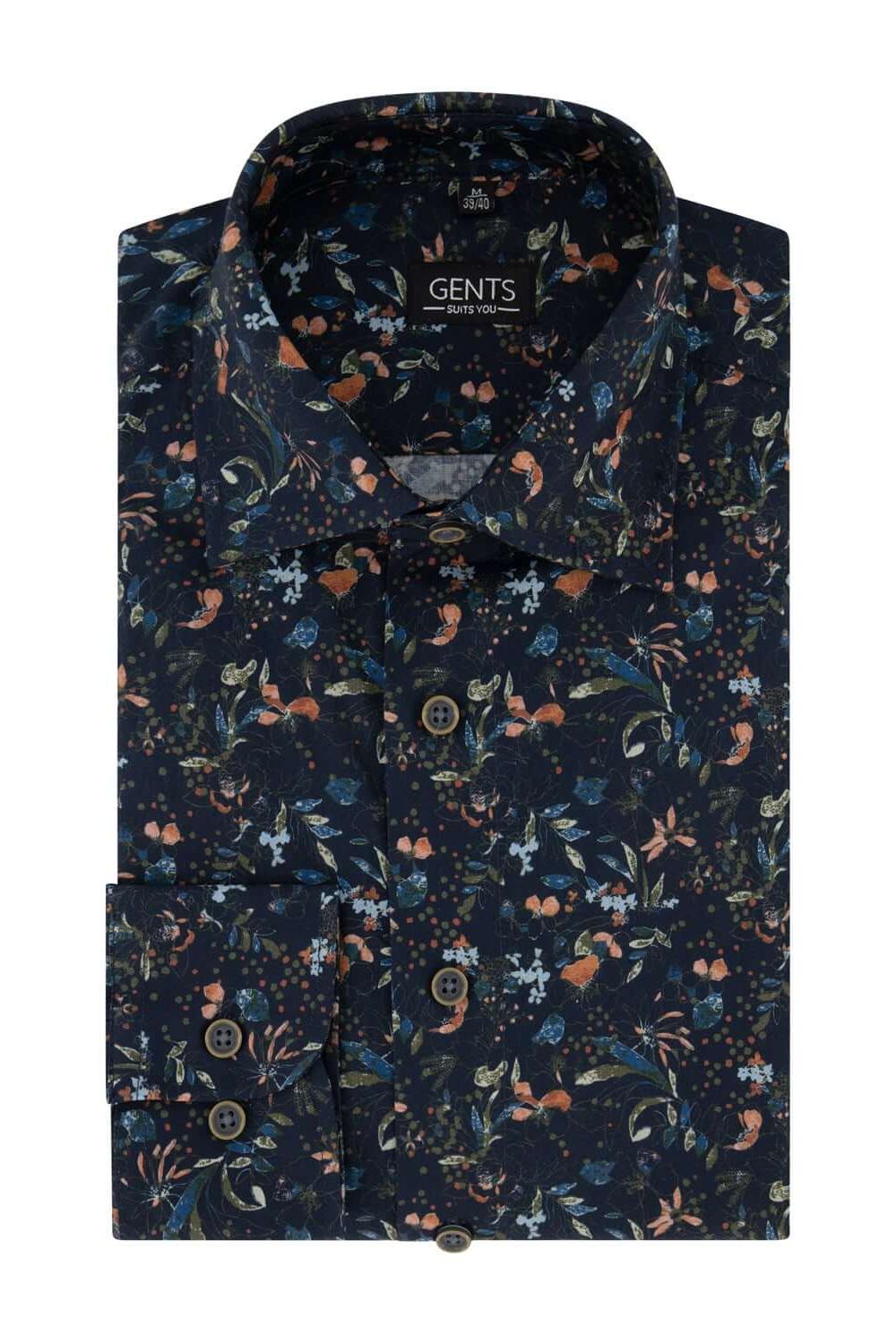 Overhemd print bloem navy katoenen overhemd met bloemendessin en semi-spread kraag.