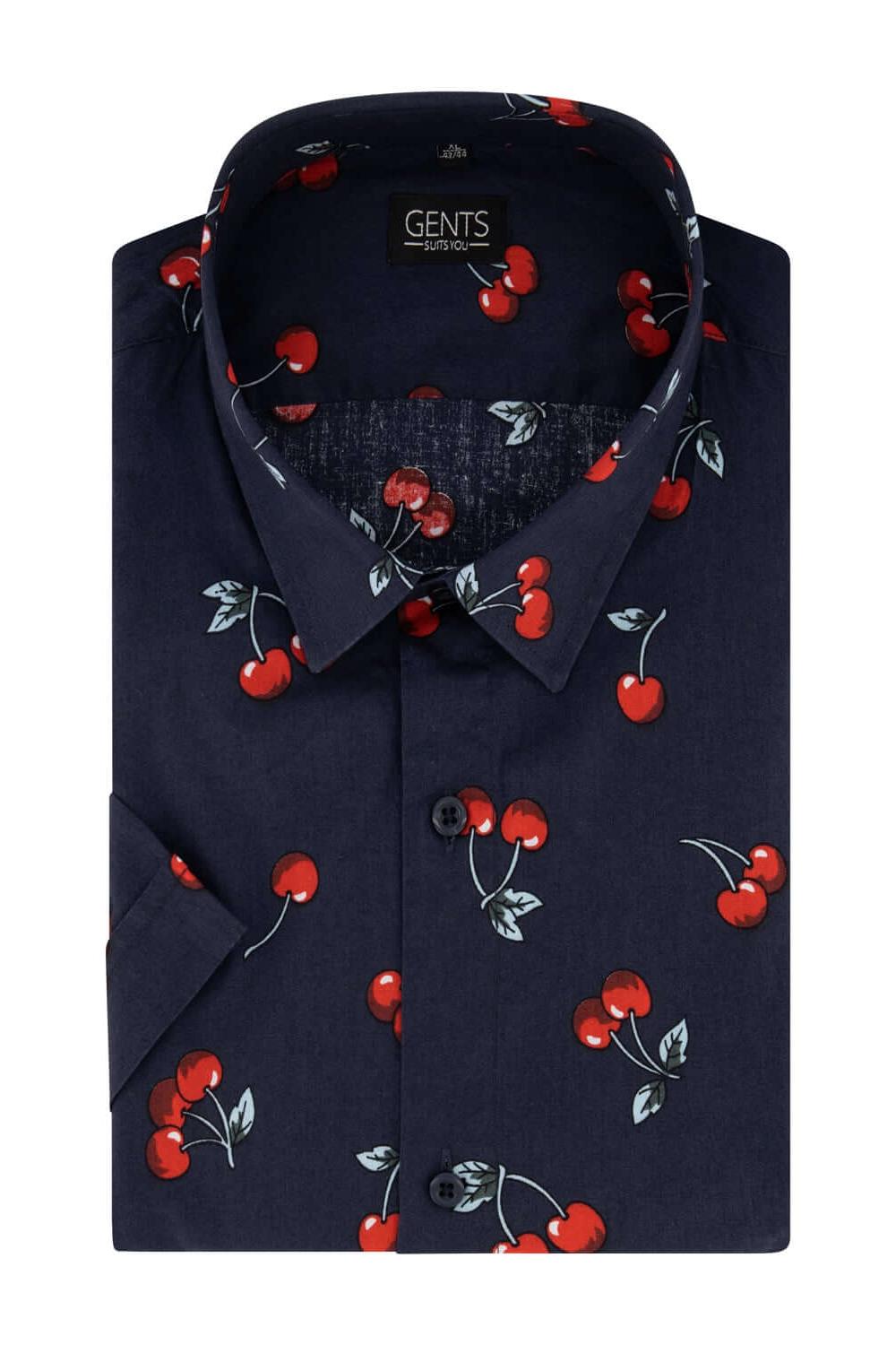 Korte mouw print kers blauw katoenen top met kersenprint in blauw en rood