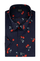 Korte mouw print kers blauw katoenen top met kersenprint in blauw en rood