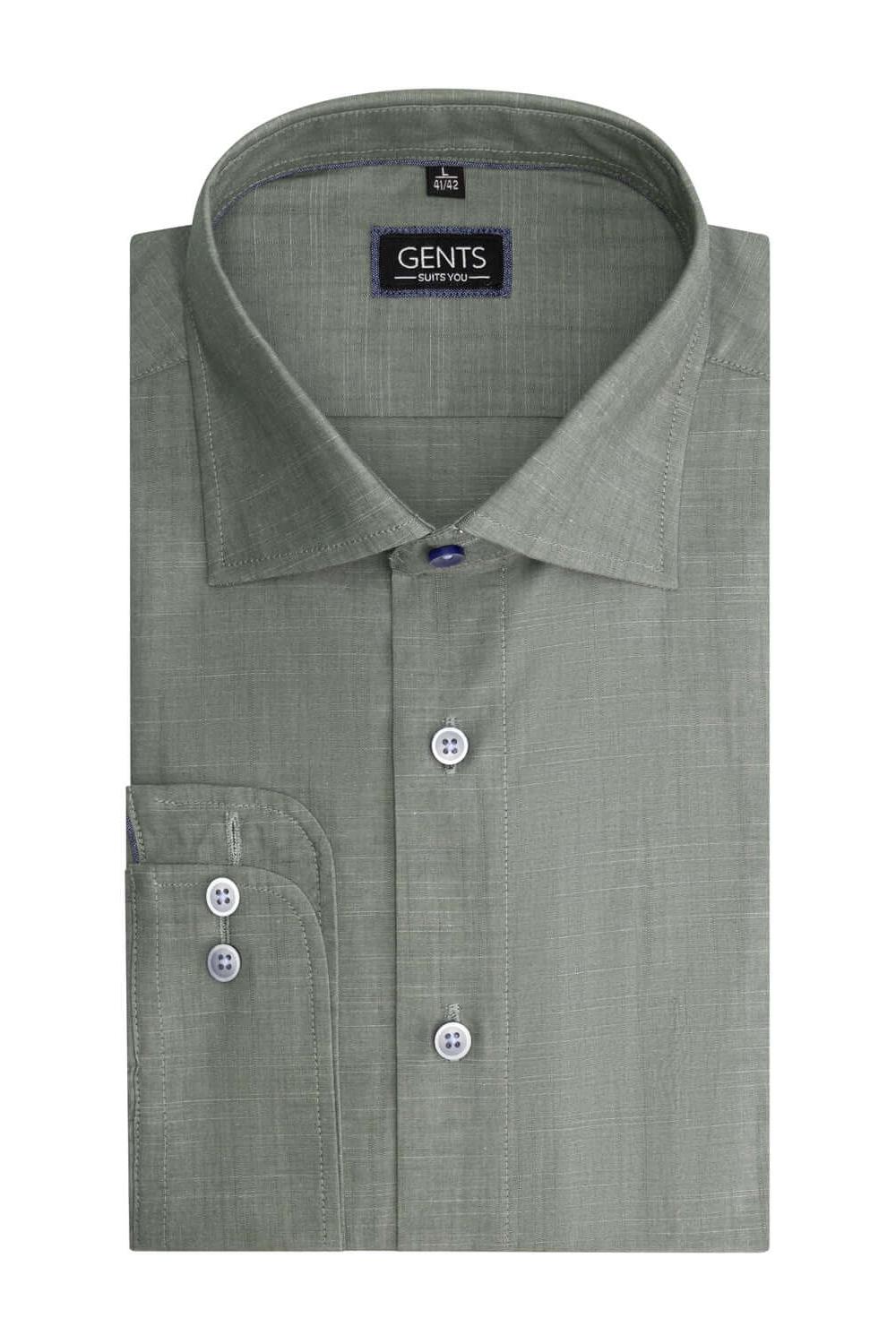 Overhemd Uni linnenlook mosgroen, ademend, katoenen overhemd met linnenlook, stijlvol en comfortabel.