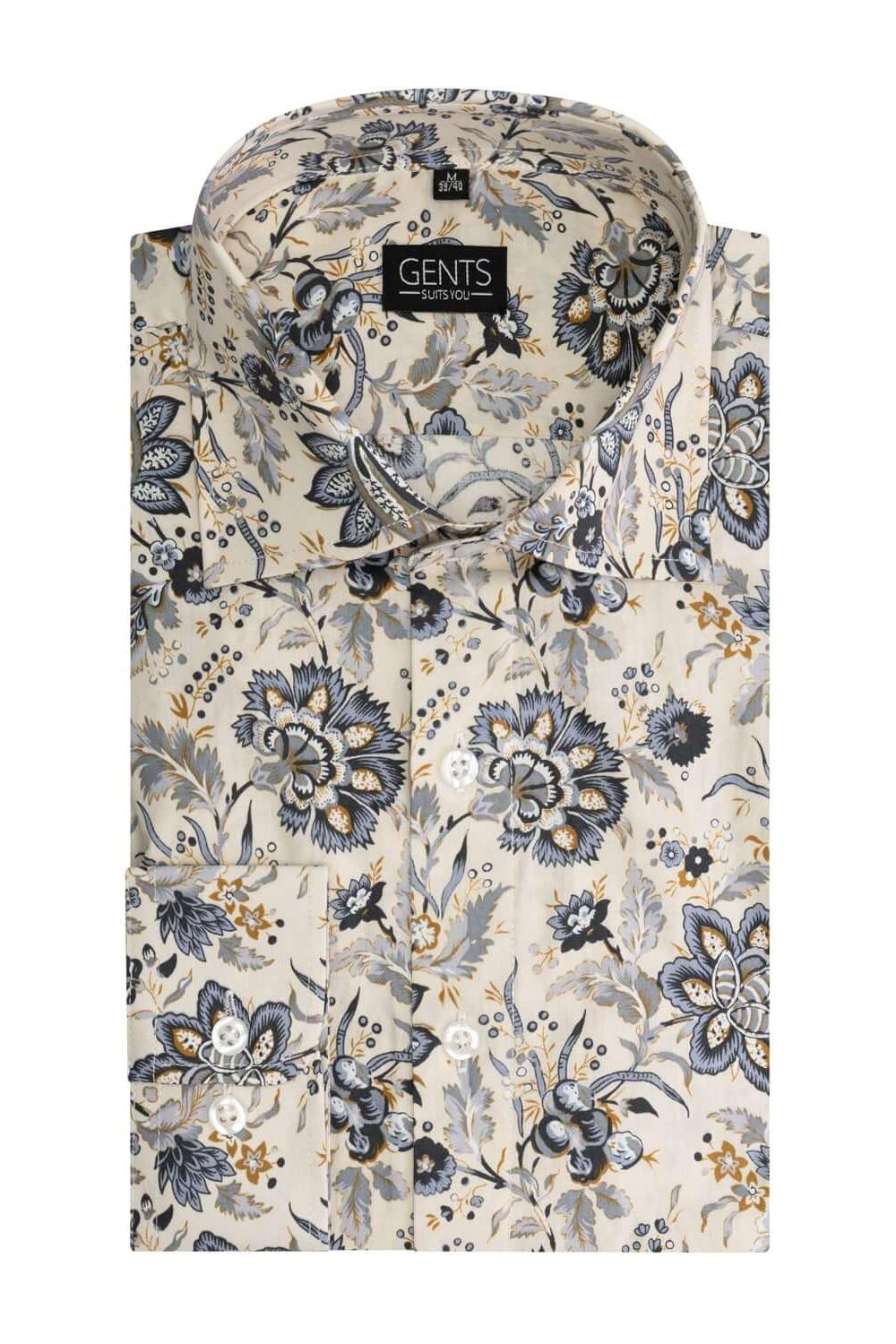 Bloemprint ecru-grijs katoenen overhemd met grijs-blauwe bloemenprint en spread kraag.