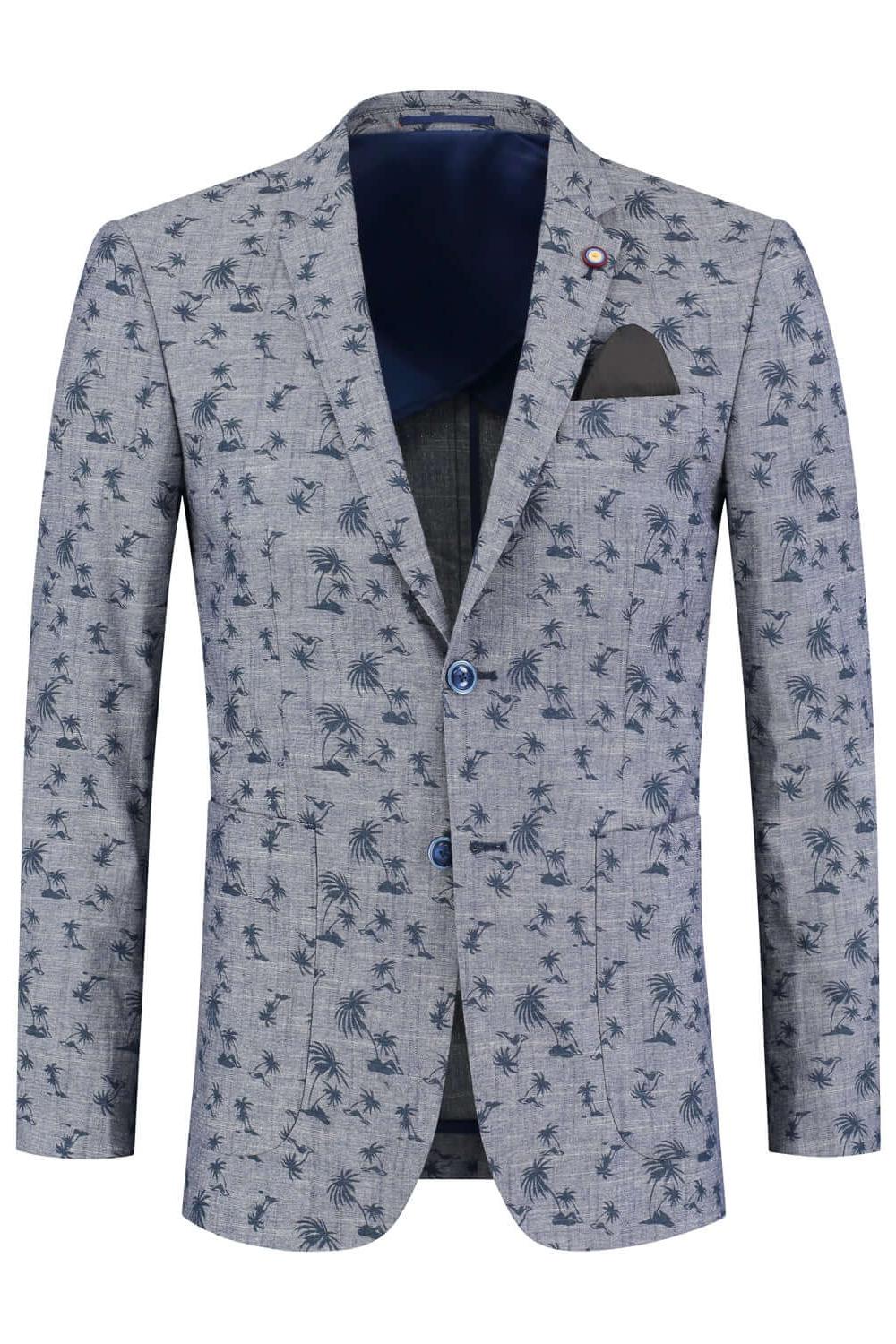 Colbert print palm blauwgrijs, stijlvolle palmprint blazer in ademend katoen-elastaan.