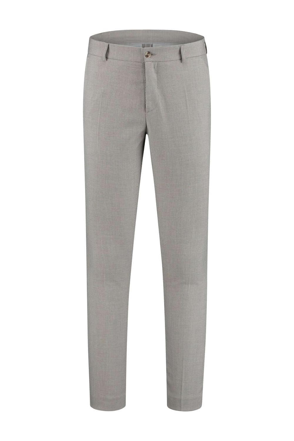 Chino slim miniruit zand - zandkleurige chino met miniruitdessin, riemlussen, knoop en ritssluiting.