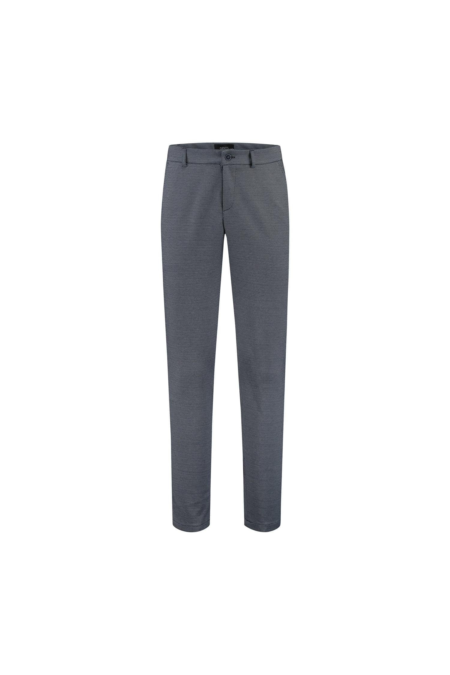 Chino slim blokje blauwgrijs met ruime zakken en knoop-ritssluiting, model in blauwgrijs met stretch.