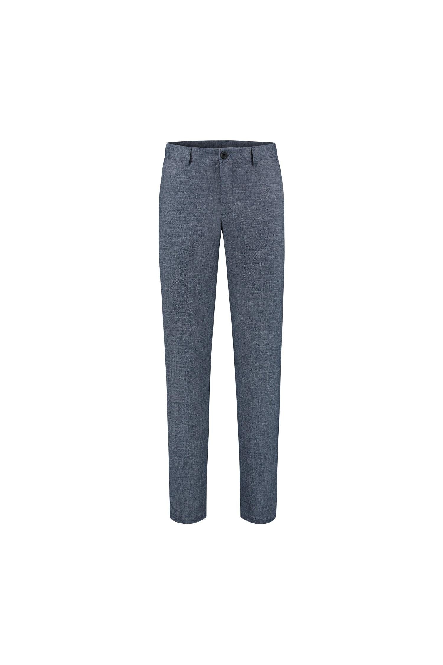 Pantalon uni melange blauw: Slim-fit kreukarme broek in blauw-melange met flat-front en riemlussen.