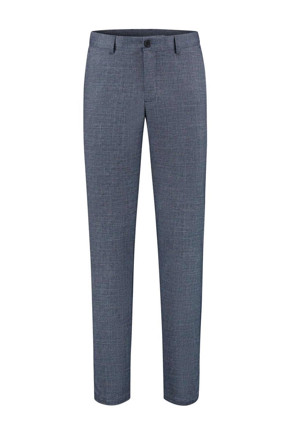 Pantalon uni melange blauw, slim-fit kreukarme broek in blauw-melange met flat-front en riemlussen.