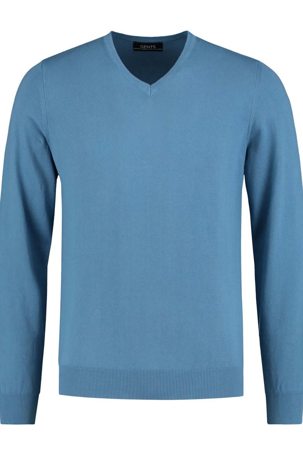 Ademend katoenen V-hals trui in staalblauw, perfect voor elke gelegenheid. V-neck staalblauw.