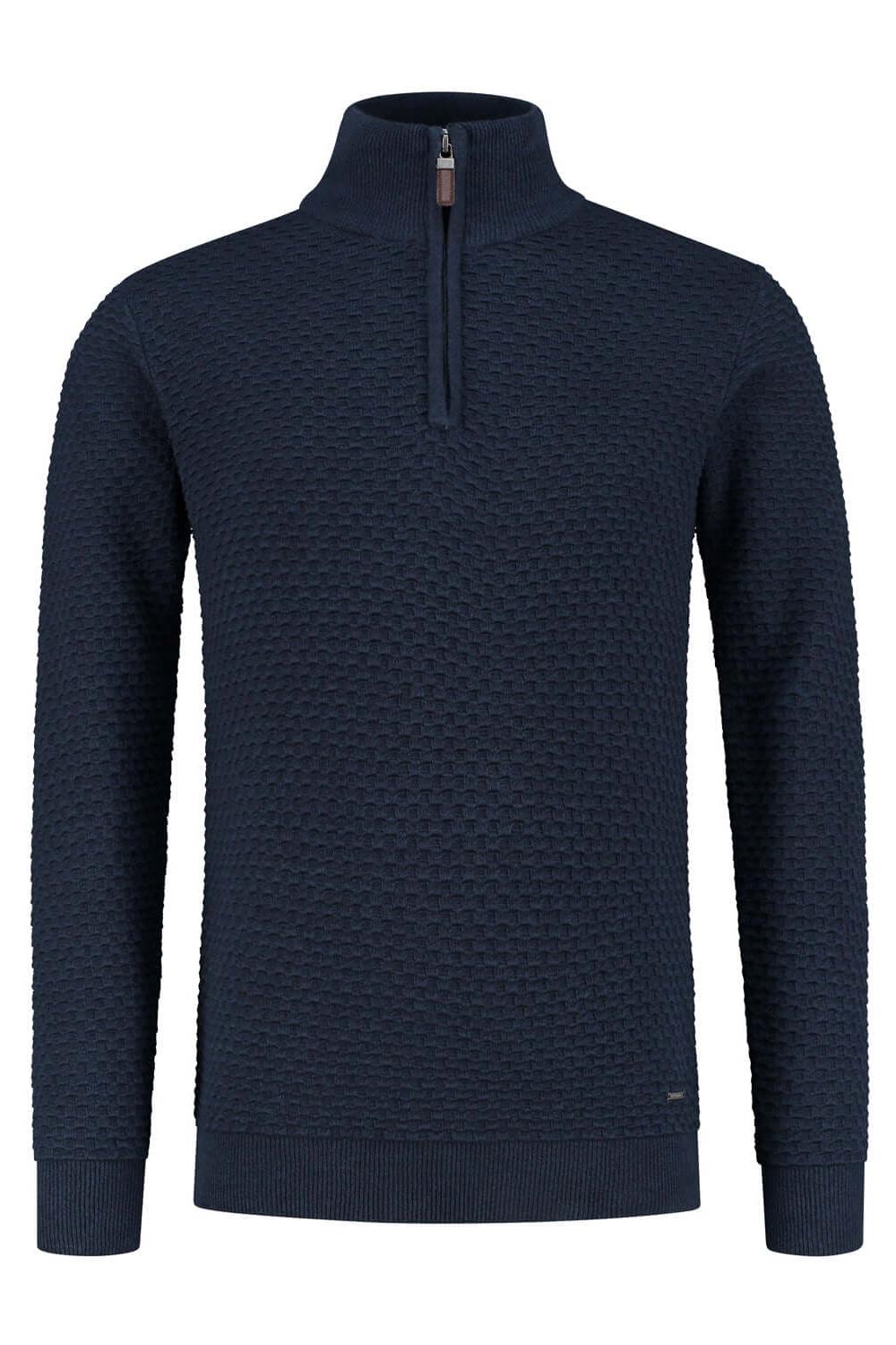 Trui halfzip donkerblauw, ademende katoenen trui met subtiele textuur en veelzijdig design.