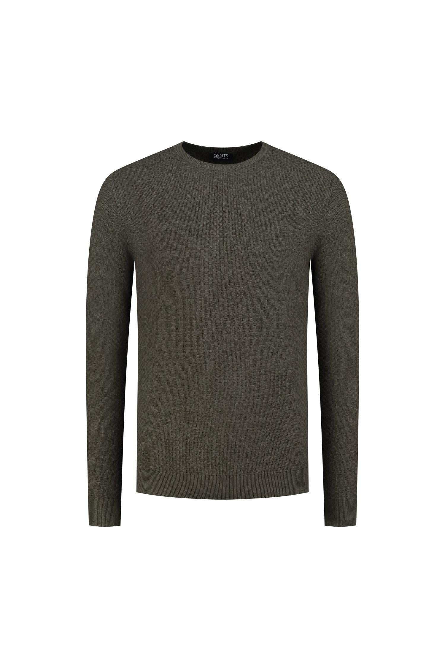 Ronde hals structuur groen - Groene wol-nylon trui met ronde hals en subtiele structuur.