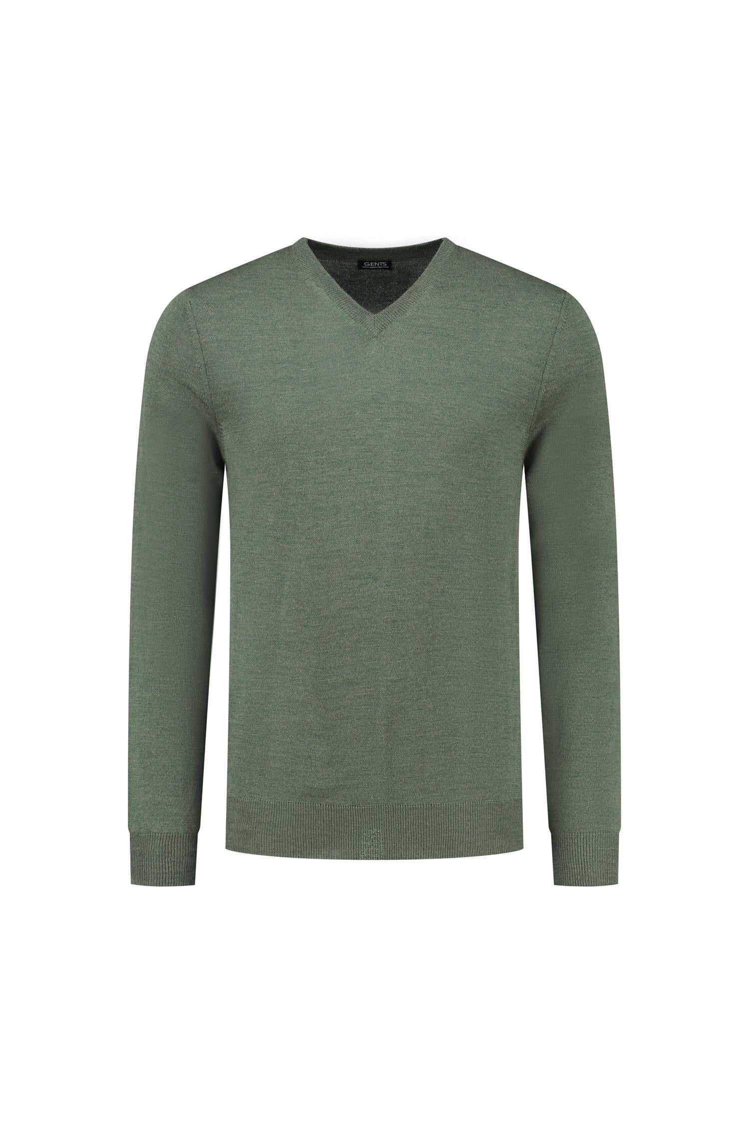 V-neck merinoblend groen, zachte groene trui met lange mouwen en ribboorden.