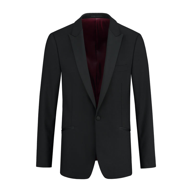 Jas smoking punt wol: zwarte wol smokingjas met puntkraag; ademend en warm, perfect voor formele gelegenheden.