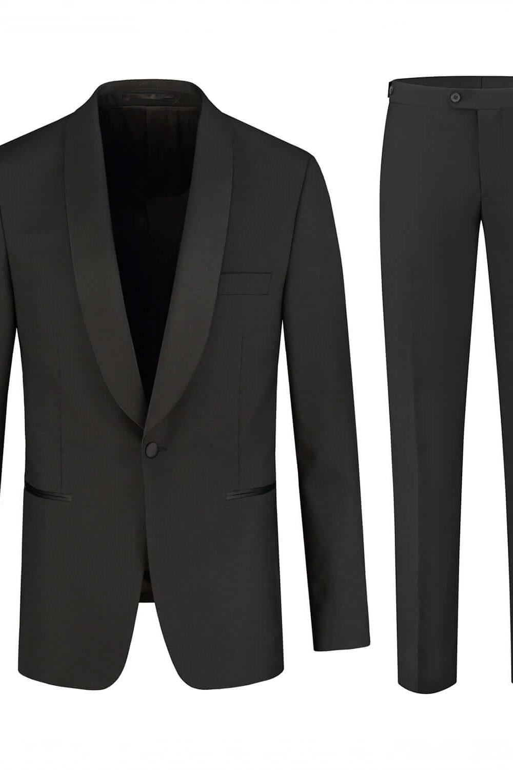 Smokingset shawlkraag pw in elegant zwart met shawlkraag en ademende stof, perfect voor formele gelegenheden.