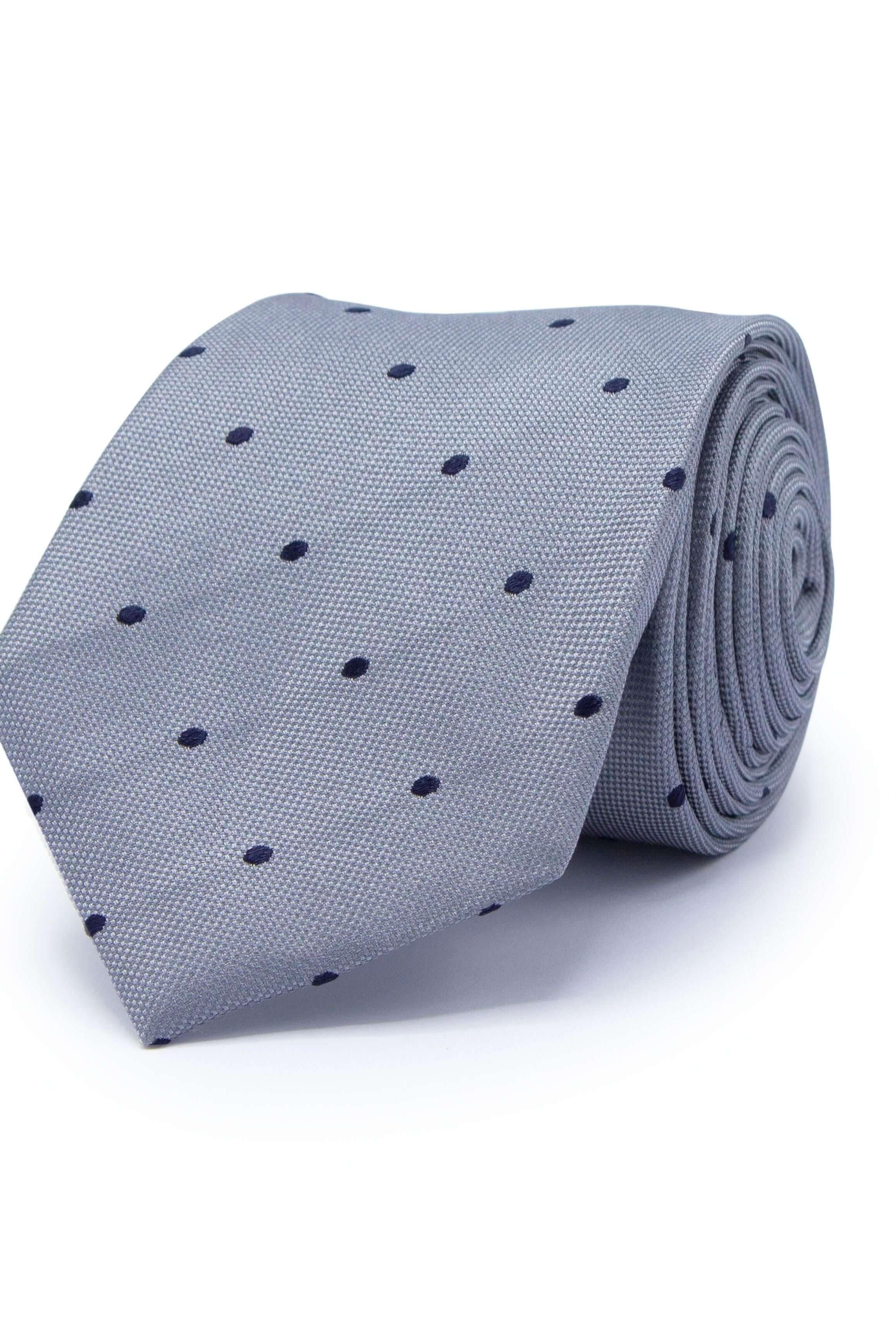Stropdas zijde met een lichtgrijze basis en donkerblauwe stippen, perfect voor formele gelegenheden.