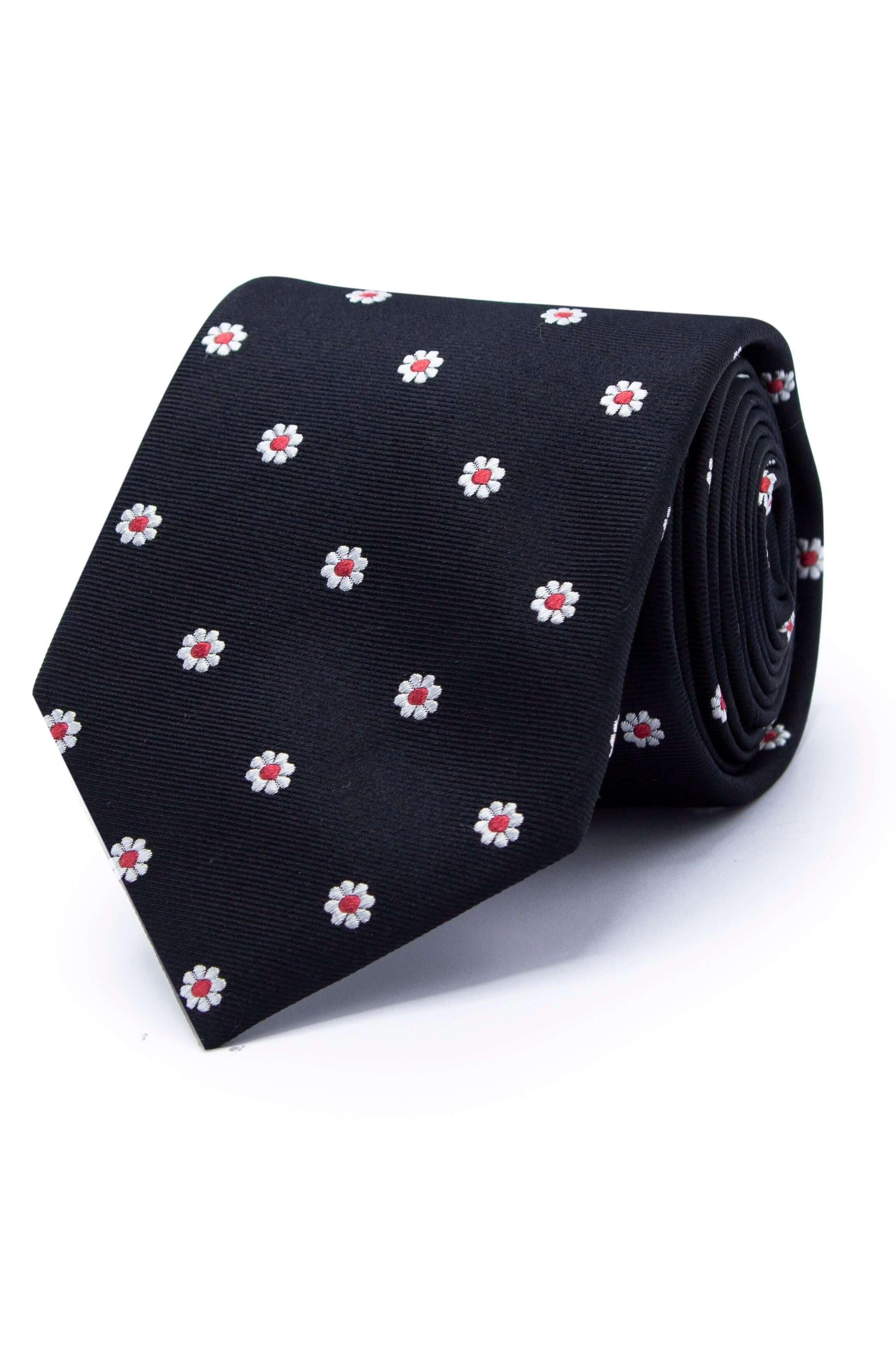 Stropdas zijde met multicolor bloemenprint op zwarte achtergrond, elegant accesoire voor elke gelegenheid.
