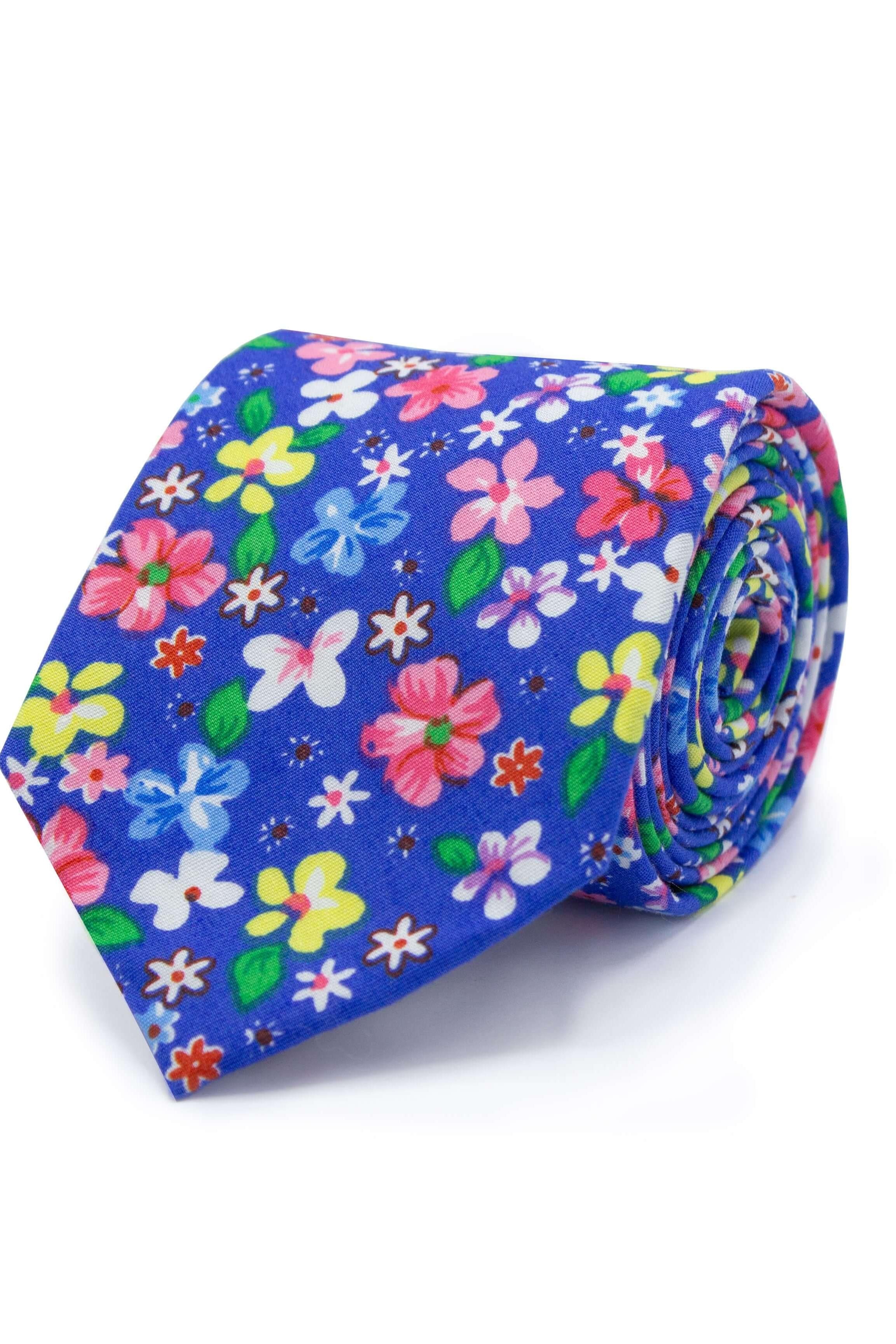 Stropdas blauw bloempatroon, katoenen stropdas met kleurrijk bloemendessin voor formele herenkleding.