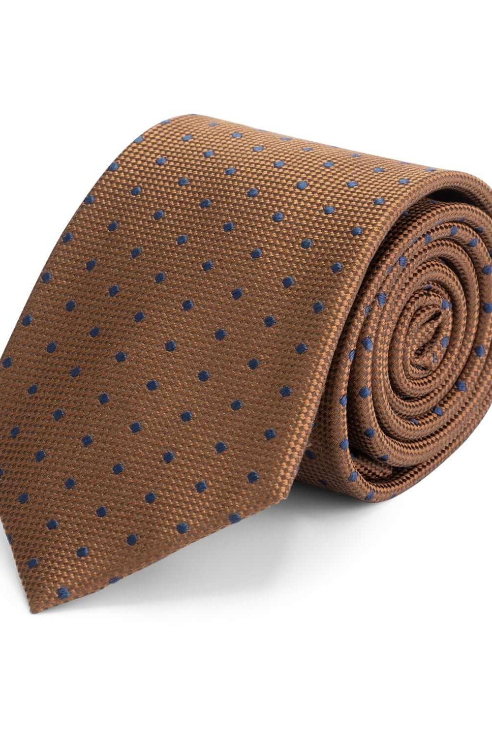 Stropdas zijde in bruine kleur met donkerblauwe stippen, klassieke puntstijl, perfect voor formele gelegenheden.